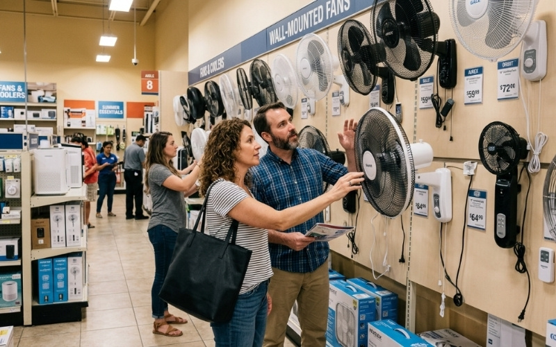 Kh&aacute;ch h&agrave;ng đang lựa chọn quạt treo tường ch&iacute;nh h&atilde;ng tại cửa h&agrave;ng