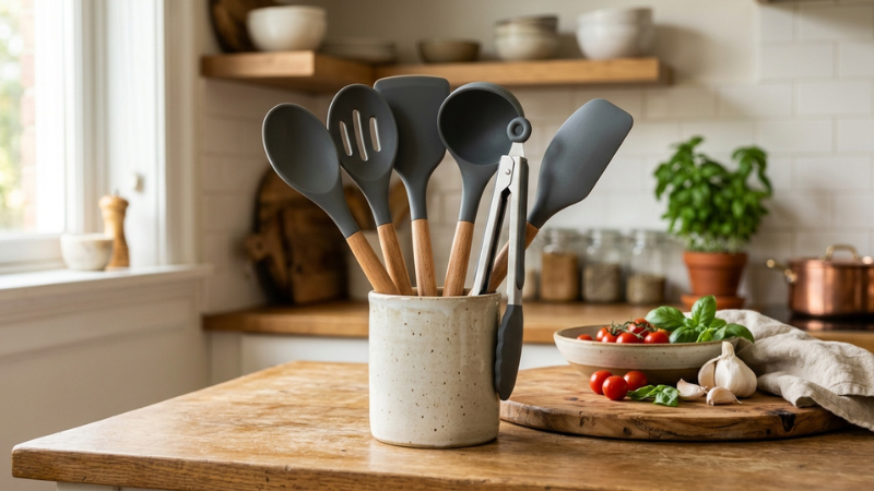 Chất liệu an toàn như inox nhựa cao cấp silicone và gỗ giúp dụng cụ bền bỉ và an tâm sử dụng