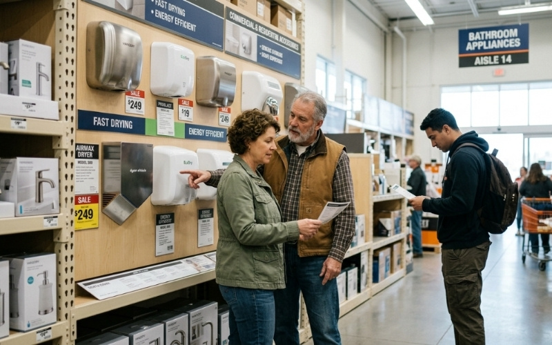 Kh&aacute;ch h&agrave;ng đang lựa chọn m&aacute;y sấy tay trong cửa h&agrave;ng đồ điện