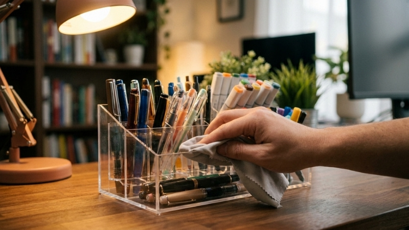 Mẹo bảo quản khay cắm b&uacute;t bền bỉ bằng c&aacute;ch vệ sinh định kỳ bằng khăn mềm v&agrave; sắp xếp khoa học