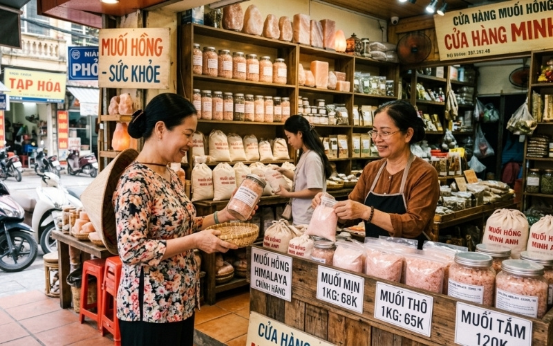 Kh&aacute;ch h&agrave;ng đang lựa chọn mua muối Himalaya tại cửa h&agrave;ng