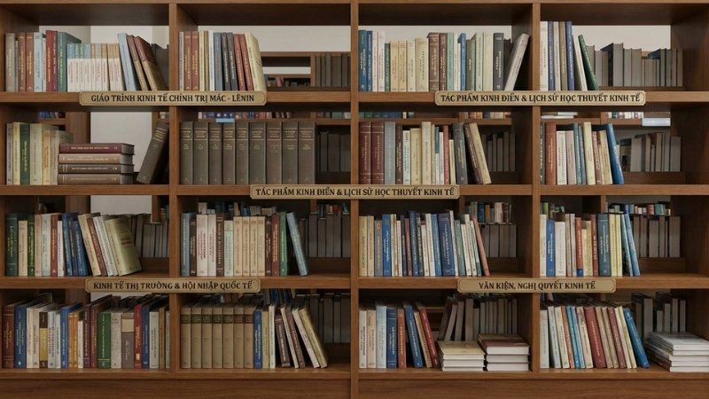 Sách gồm giáo trình Mác-Lênin, tác phẩm kinh điển, sách hội nhập kinh tế và văn kiện kinh tế