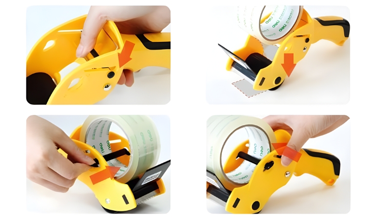 Cắt băng keo cầm tay gi&uacute;p tiết kiệm thời gian v&agrave; c&ocirc;ng sức khi d&aacute;n th&ugrave;ng