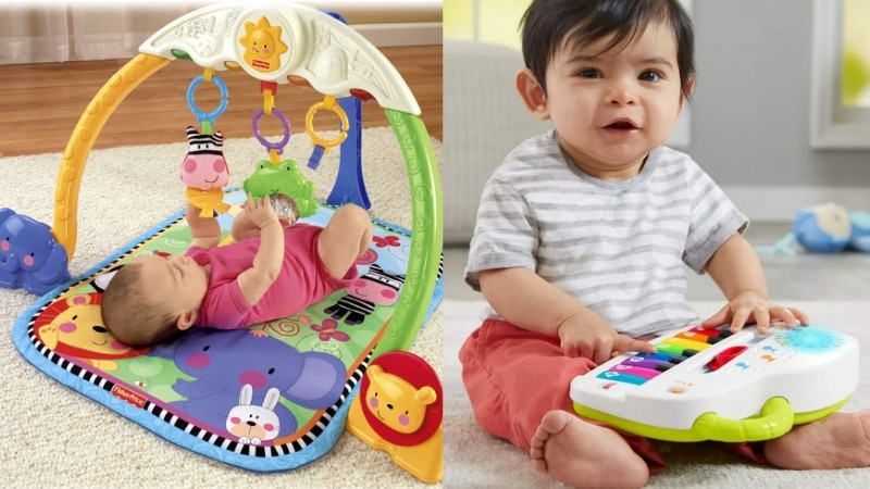 Đồ treo nôi màu tương phản và đồ chơi phát nhạc giúp kích thích thị giác, thính giác cho bé