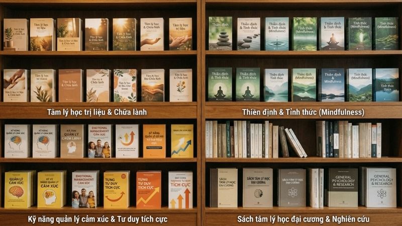 Sách sức khỏe tinh thần tại Tiki đa dạng từ chữa lành, thiền định đến quản lý cảm xúc