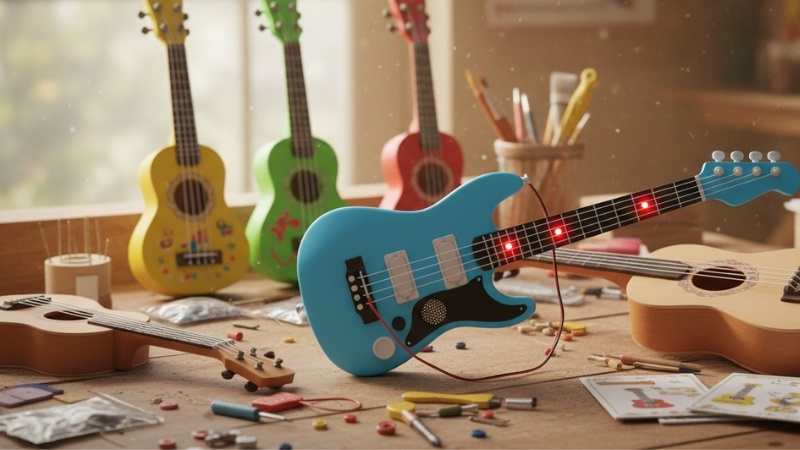 Chọn đ&agrave;n guitar cho b&eacute; cần chất liệu an to&agrave;n, đ&uacute;ng size, &acirc;m thanh chuẩn, m&agrave;u sắc đẹp