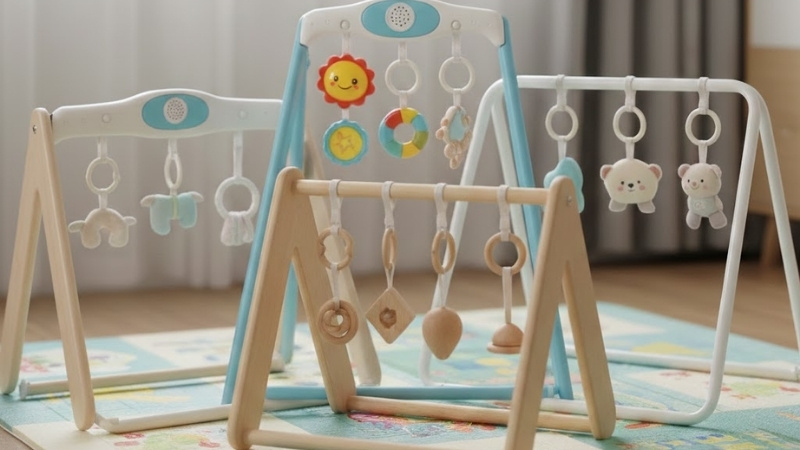 Kệ chữ A phổ biến gồm nhựa c&oacute; nhạc, k&egrave;m thảm đa năng v&agrave; kệ gỗ Montessori tối giản, an to&agrave;n