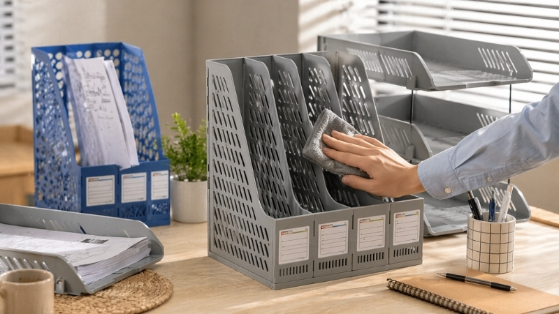 Việc vệ sinh đ&uacute;ng c&aacute;ch gi&uacute;p kệ nhựa đựng hồ sơ lu&ocirc;n sạch sẽ như mới