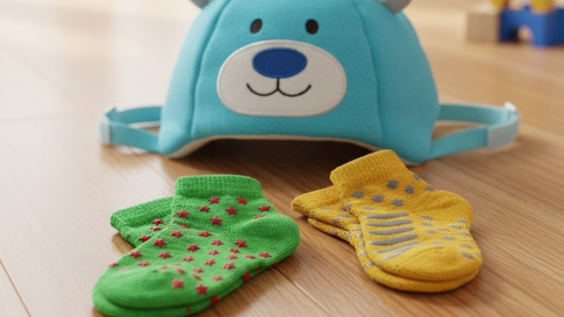 Kết hợp vớ chống trượt c&ugrave;ng đồ d&ugrave;ng bảo vệ gi&uacute;p b&eacute; tập đi an to&agrave;n, mẹ dễ chọn trọn bộ tại Tiki