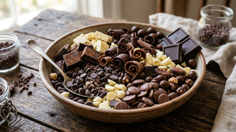 T&ugrave;y thuộc v&agrave;o c&ocirc;ng thức, bạn c&oacute; thể chọn socola đen, trắng, socola chip hoặc dạng n&uacute;t