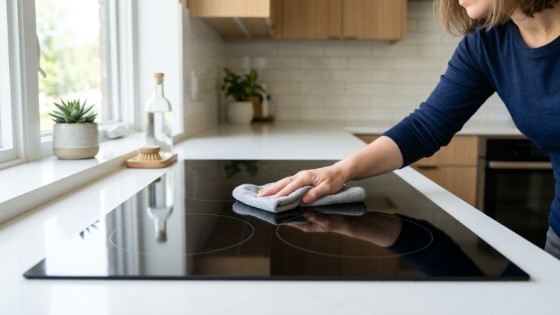 Lau chùi mặt kính bằng khăn mềm sau khi nấu giúp bếp luôn giữ được vẻ sáng bóng, sang trọng