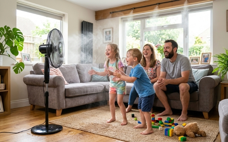 Gia đ&igrave;nh nhỏ đang vui vẻ, vui đ&ugrave;a trước quạt phun hơi nước, phun sương