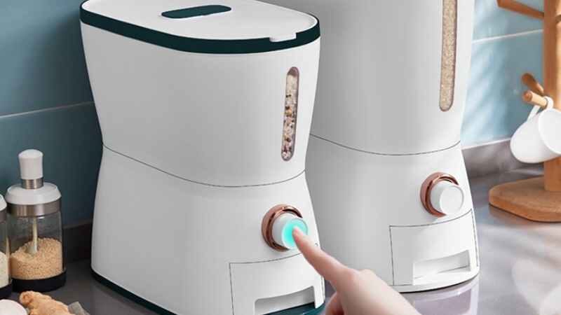 Th&ugrave;ng Đựng Gạo gi&uacute;p dễ d&agrave;ng lấy gạo nhờ cơ chế nhấn hoặc đong tiện lợi