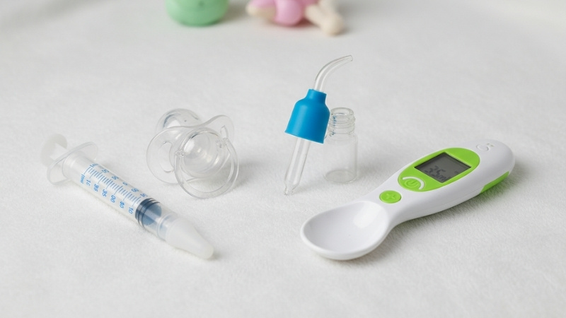 Tiki c&oacute; nhiều dụng cụ uống thuốc cho b&eacute; như xilanh, n&uacute;m ti, ống nhỏ giọt, th&igrave;a th&ocirc;ng minh tiện lợi, an to&agrave;n