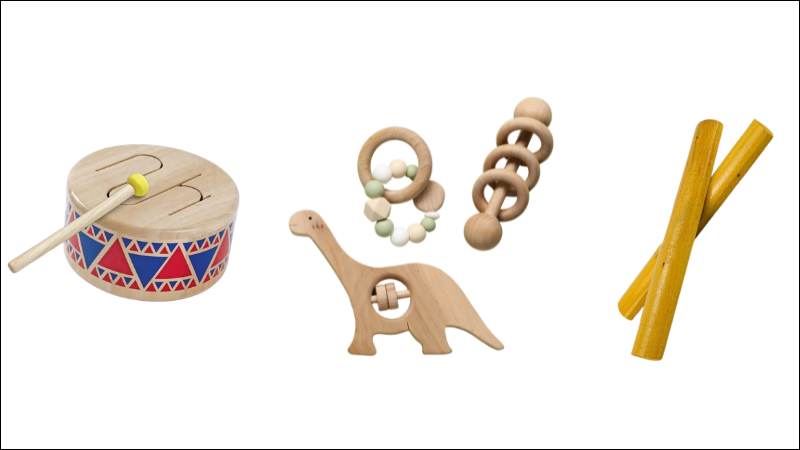 Nhạc cụ trống, lục lạc v&agrave; ph&aacute;ch bằng gỗ an to&agrave;n cho b&eacute;