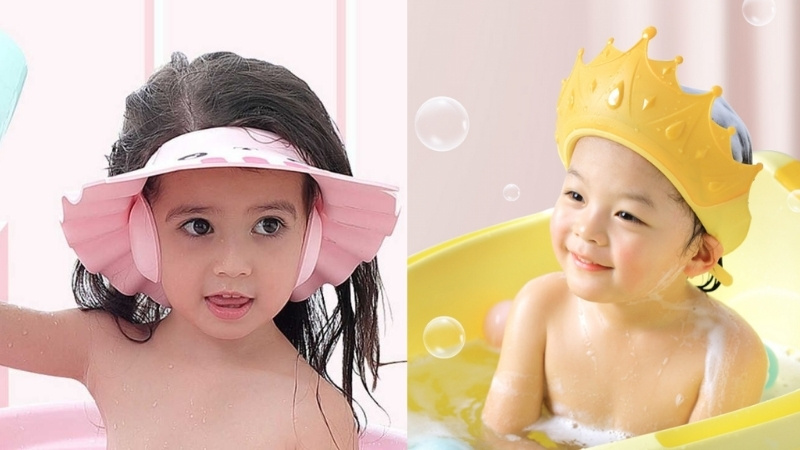 Mũ chắn nước cho b&eacute; gồm loại c&oacute; v&agrave;nh che tai chống nước tốt v&agrave; loại silicon mềm &ecirc;m, &ocirc;m kh&iacute;t đầu b&eacute;