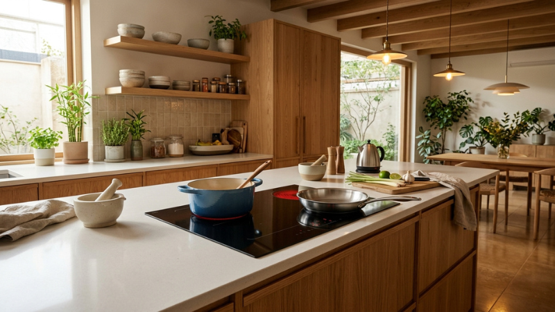 Bếp điện kết hợp mang đến không gian nấu nướng hiện đại, an toàn và đầy tiện nghi