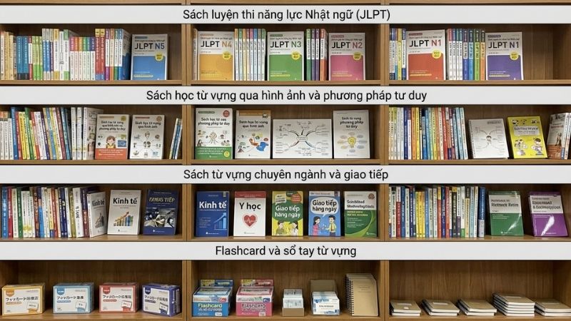 Tiki có đủ sách từ vựng Nhật như JLPT, hình ảnh, chuyên ngành, flashcard tiện học