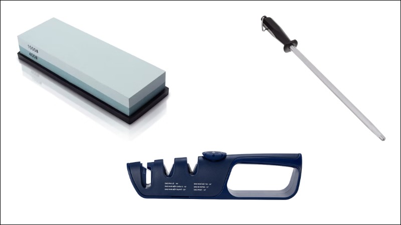 Ba loại dụng cụ m&agrave;i dao gồm đ&aacute; m&agrave;i, dụng cụ k&eacute;o tay v&agrave; c&acirc;y m&agrave;i gi&uacute;p giữ lưỡi dao sắc b&eacute;n