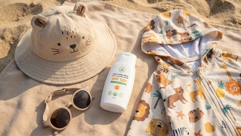 Chọn chống nắng cho b&eacute; bằng kem vật l&yacute; an to&agrave;n, kết hợp mũ, k&iacute;nh v&agrave; &aacute;o che chắn