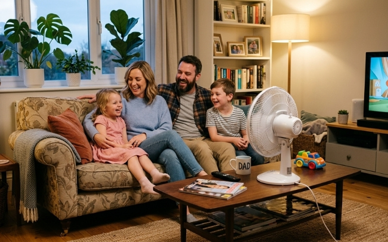 Gia đ&igrave;nh đang cười đ&ugrave;a, vui vẻ b&ecirc;n chiếc quạt b&agrave;n trong thời tiết n&oacute;ng