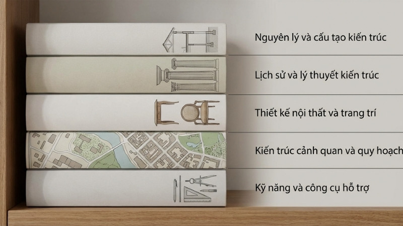 Tiki ph&acirc;n loại s&aacute;ch kiến tr&uacute;c theo nguy&ecirc;n l&yacute;, lịch sử, nội thất, cảnh quan, kỹ năng thiết kế