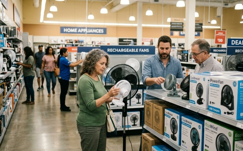 Quạt sạc ch&iacute;nh h&agrave;ng nhỏ gọn, tiện lợi được b&aacute;n tại cửa h&agrave;ng điện gia dụng