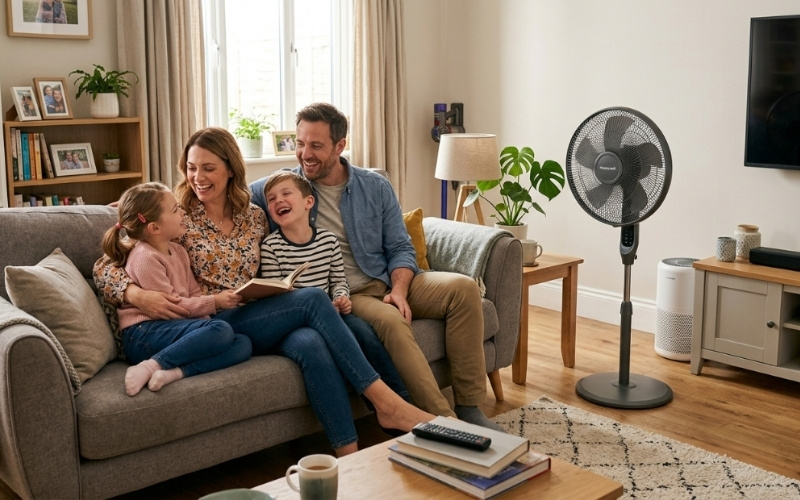 Gia đình đang vui vẻ khi sử dụng quạt lửng