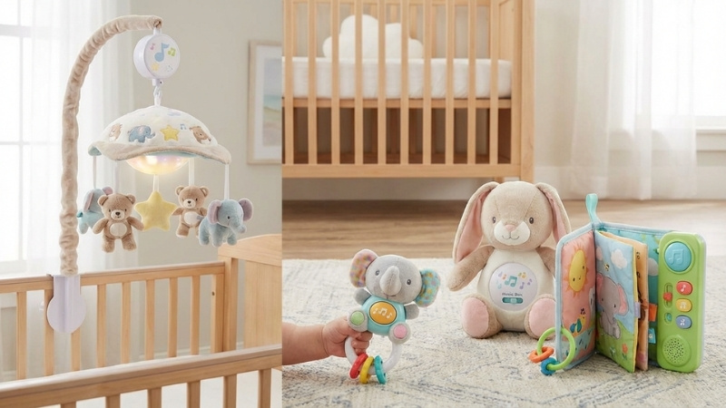 Đồ chơi ph&aacute;t nhạc cho b&eacute;: treo n&ocirc;i ru ngủ, x&uacute;c xắc cầm tay, th&uacute; b&ocirc;ng s&aacute;ch vải học m&agrave; chơi