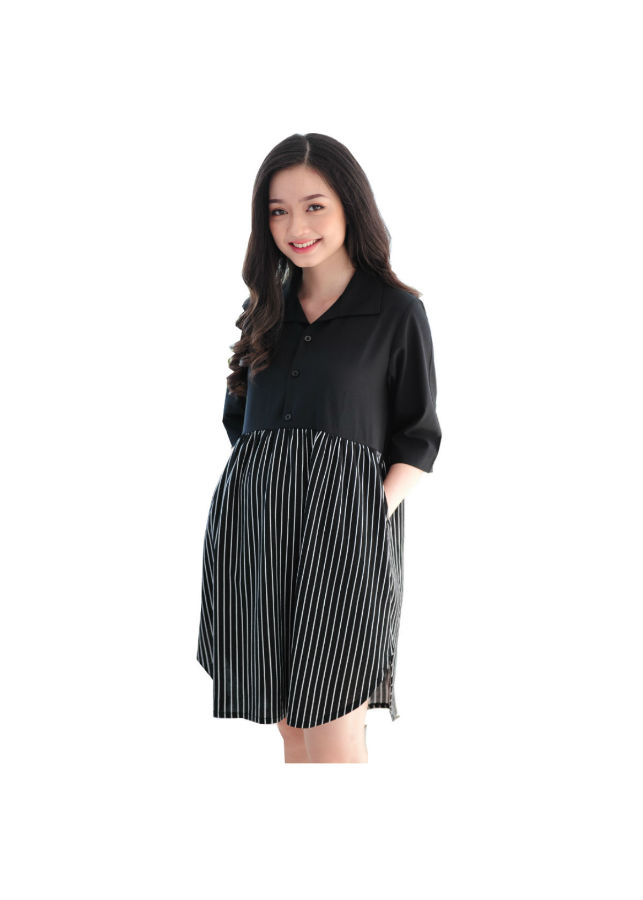 Đầm bầu xếp li sọc phối cổ sơ mi Emum