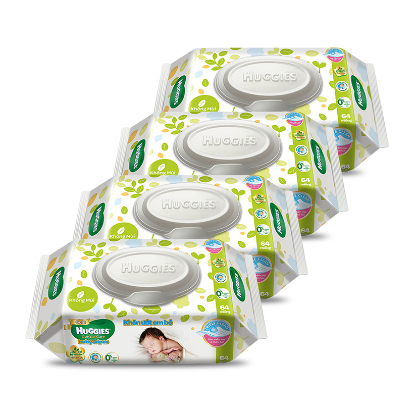 Combo 4 Gói Khăn giấy ướt cho trẻ sơ sinh Huggies không mùi, gói 64 tờ