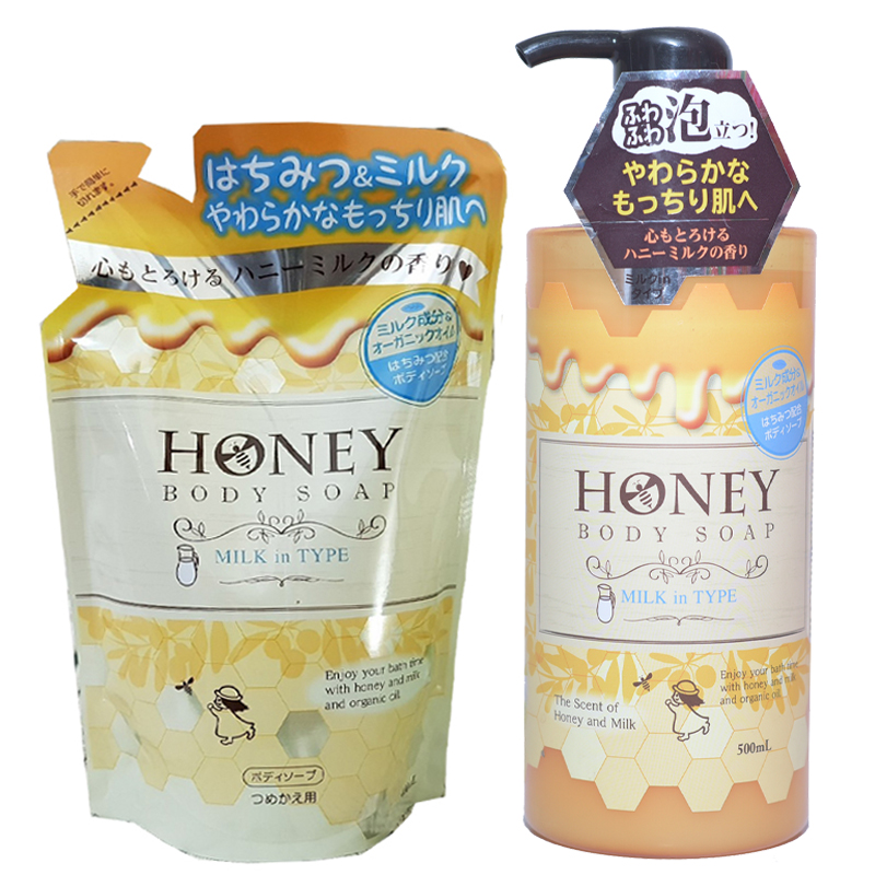 Combo 1 Chai + 1 Túi Sữa Tắm Dưỡng Trắng Da Tinh Chất Sữa Tươi Và Mật Ong Nhật Bản HONEY MILK 500ML