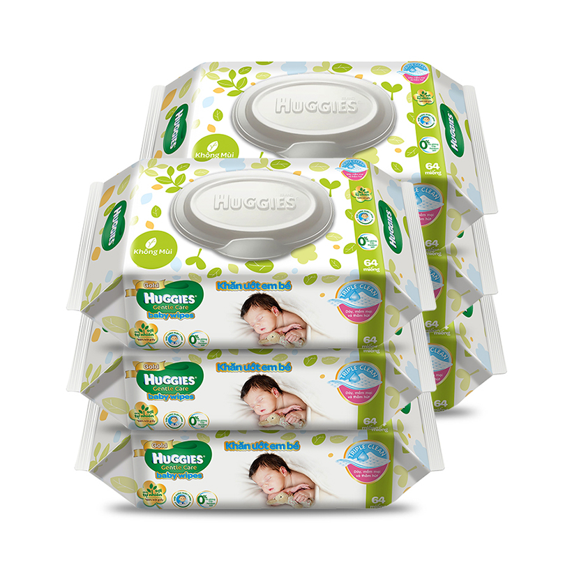 Combo 6 Gói Khăn giấy ướt cho trẻ sơ sinh Huggies không mùi, gói 64 tờ