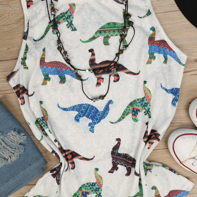 Fashion Dinosaur Animal Print Graphics Tee lady Sleeveless Tank Top Vest T-Shirt