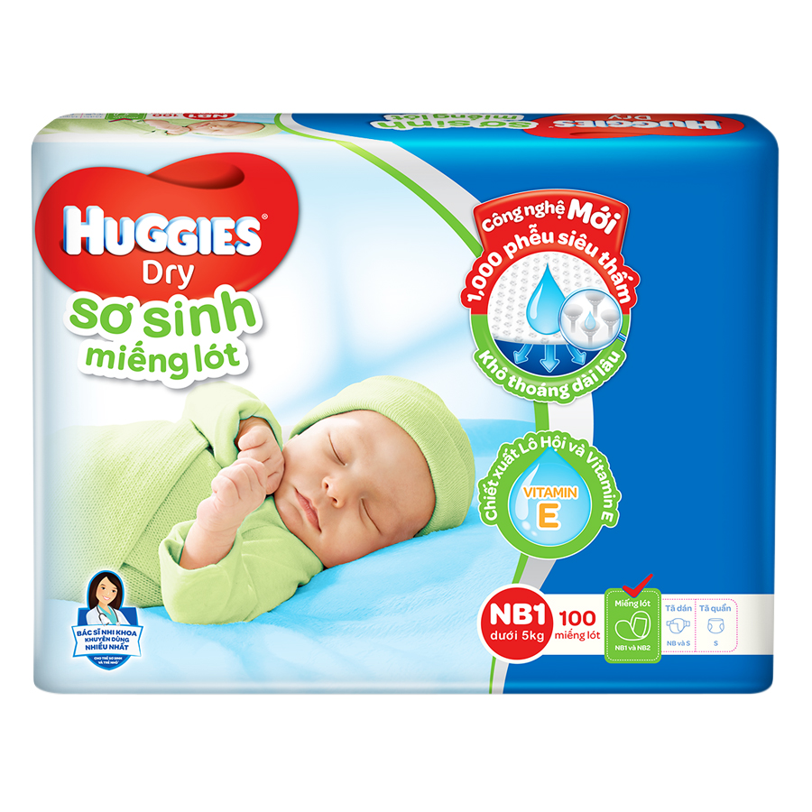 Miếng Lót Sơ Sinh Huggies Dry Newborn 1-100 (100 Miếng)