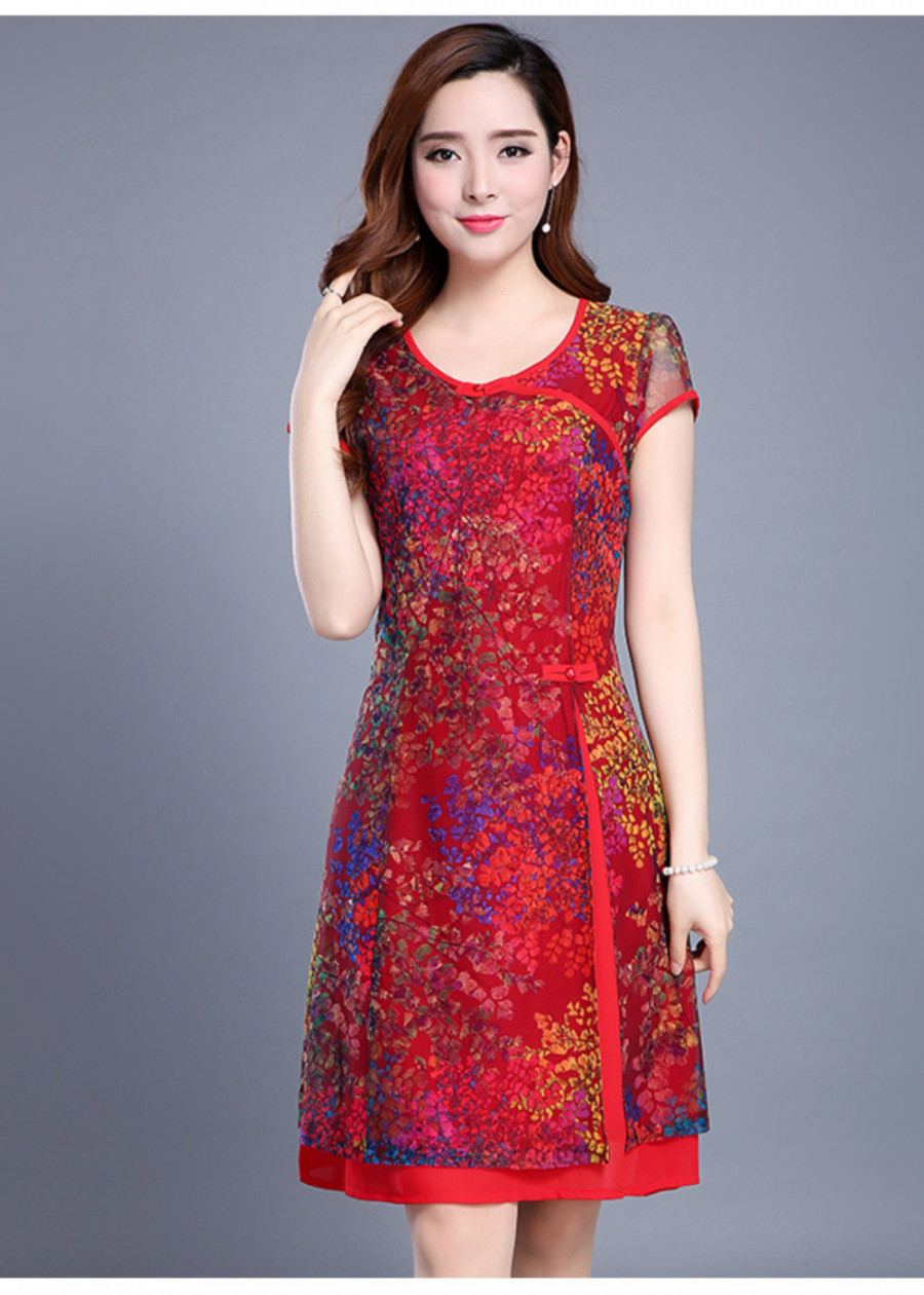 Đầm trung niên suông kiểu dáng sườn xám cách tân xẻ tà in hoa trẻ trung thanh lịch dự tiêc Quảng Châu D684