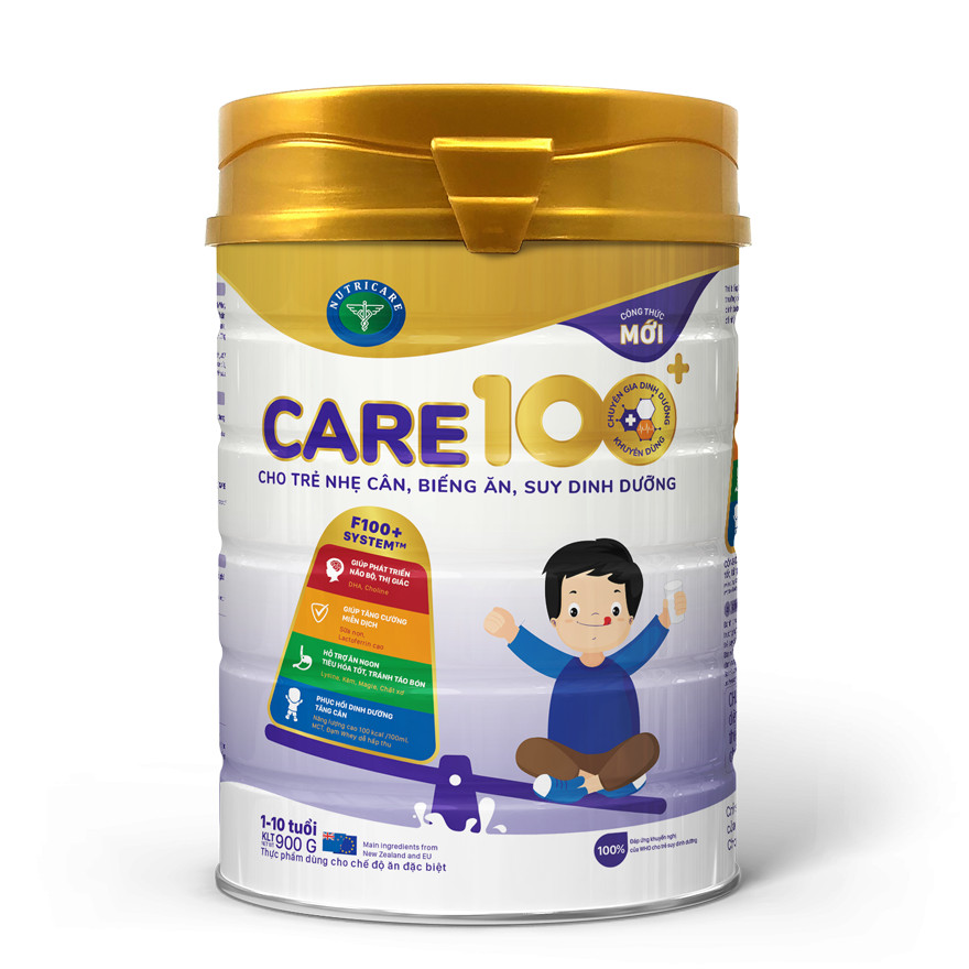 Sữa bột Nutricare Care 100+ mới cho trẻ nhẹ cân biếng ăn suy dinh dưỡng 1-10 tuổi (900g)