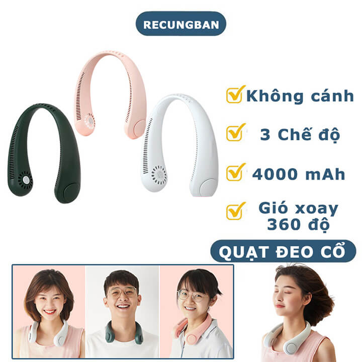 Quạt đeo cổ mini không cánh làm mát thông minh 360 độ, quạt treo cổ tích điện 3 chế độ pin trâu, kiểu dáng thể thao