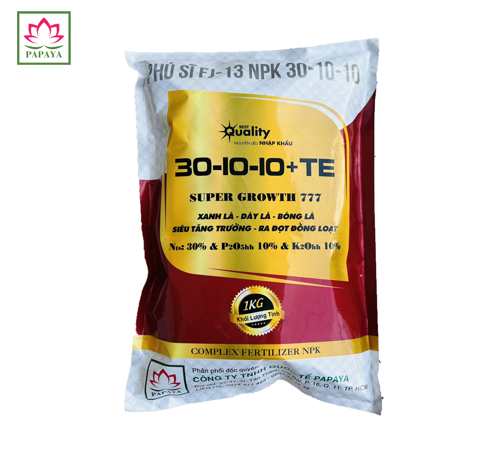 Phân bón NPK Papaya 30-10-10+TE Super Growth 777 gói 1kg Siêu tăng trưởng và Xanh Dày lá