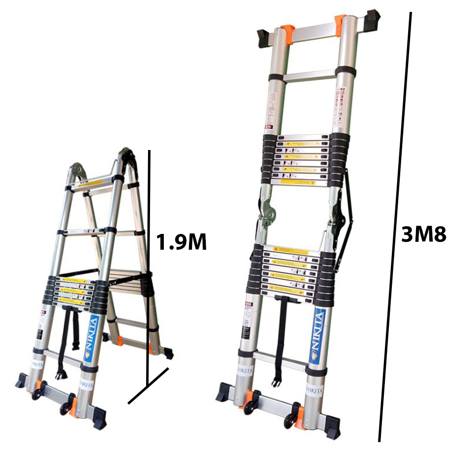 Thang nhôm rút đôi có bánh xe di chuyển tiện lợi, thanh giằn gia cố, khóa thang 2 lớp - NIKITA 2024