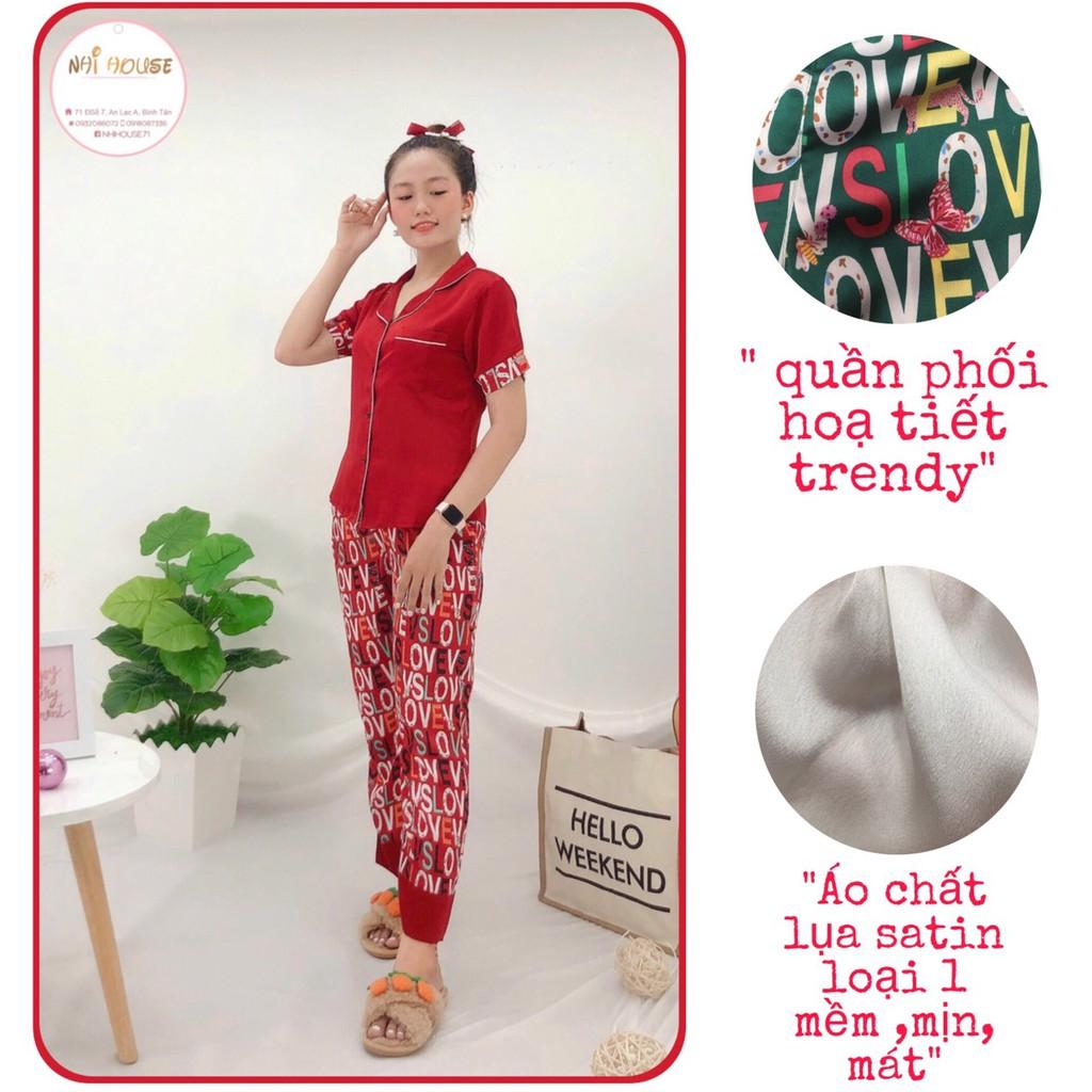 BỘ MẶC NHÀ PIZAMA LỤA NHIHOUSE71 QUẦN DÀI TAY NGẮN ÁO TRƠN PHỐI QUẦN HỌA TIẾT