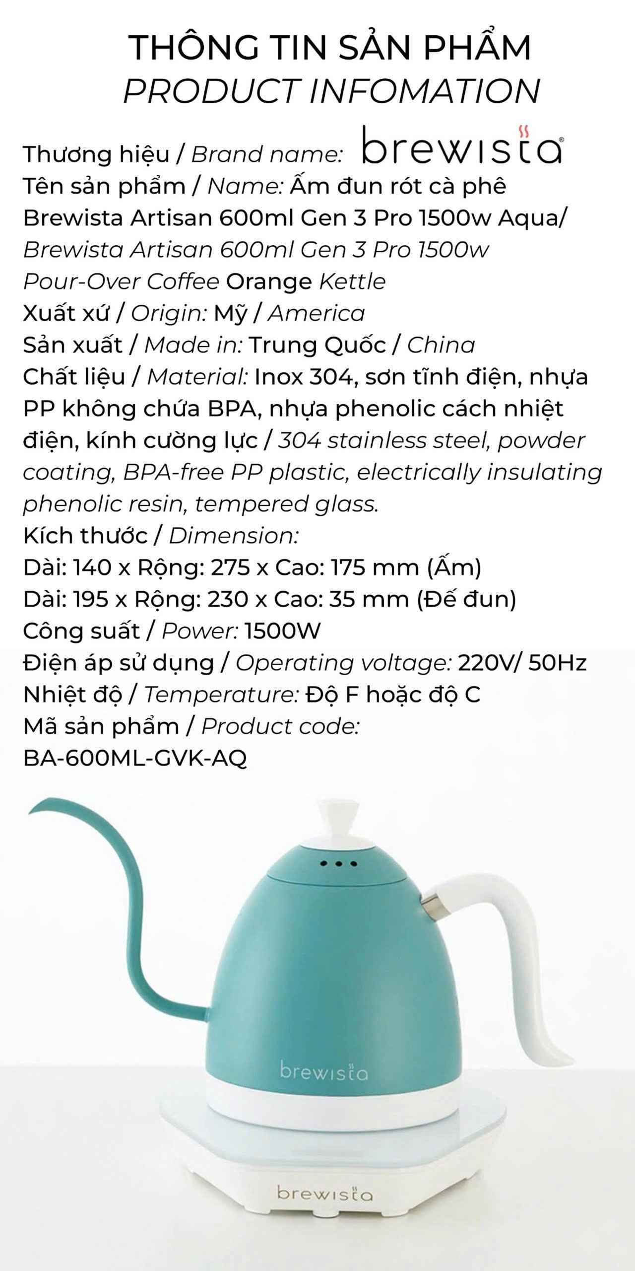 Hàng chính hãng ấm đun rót cà phê Brewista Artisan 600ml Gen 3 Pro 1500w  Aqua