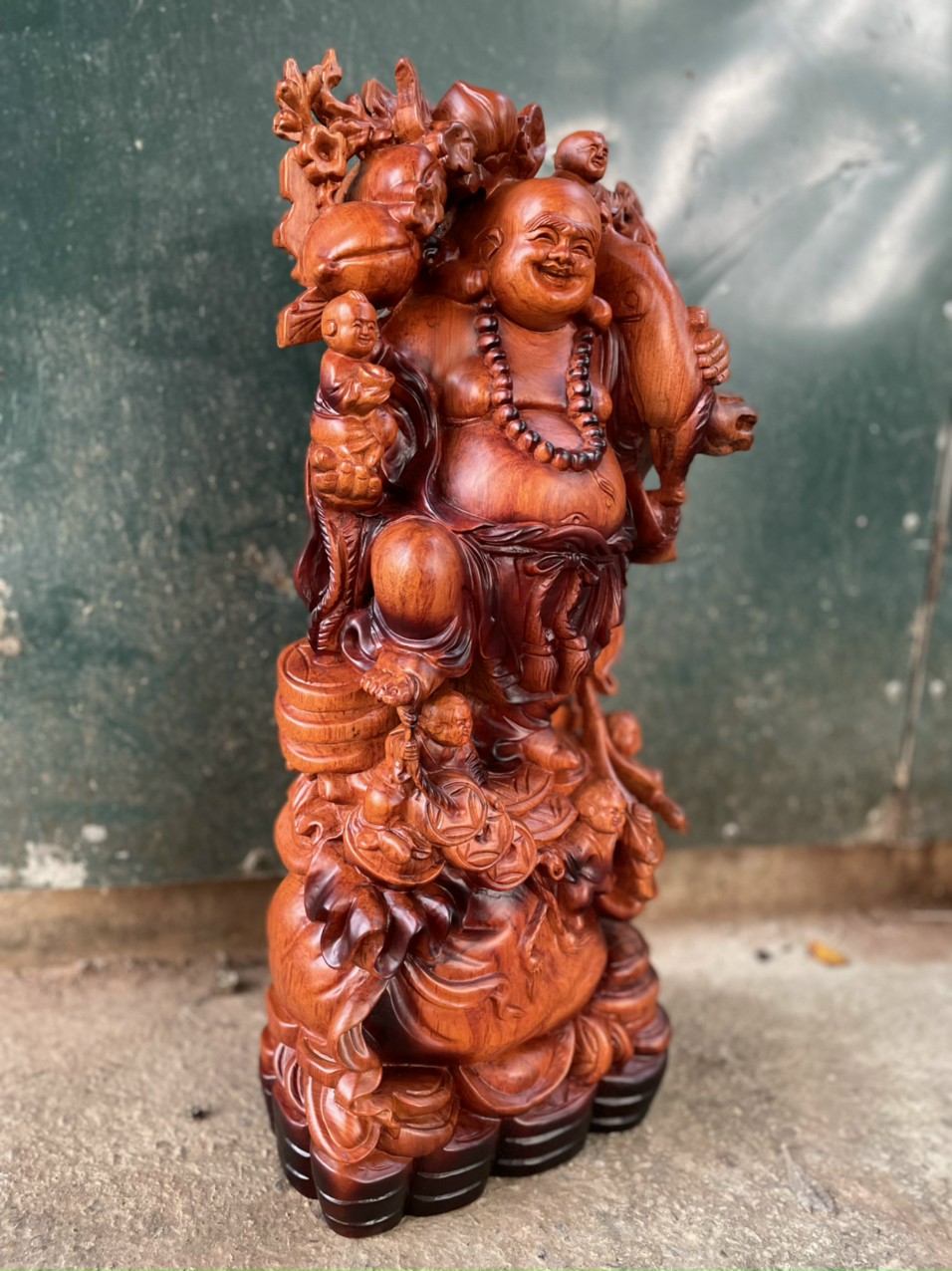 Tượng phật di lặc ngũ phúc bằng gỗ hương đá tô mầu giả cổ kt 60×24×15cm