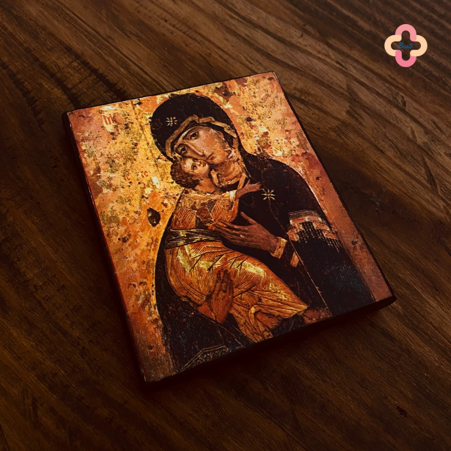 Icon Đức Mẹ Đồng Trinh Vladimir Beati - Tranh Gỗ Thủ Công Màu Rustic / Icon of the Virgin of Vladimir with Baby Jesus Christ