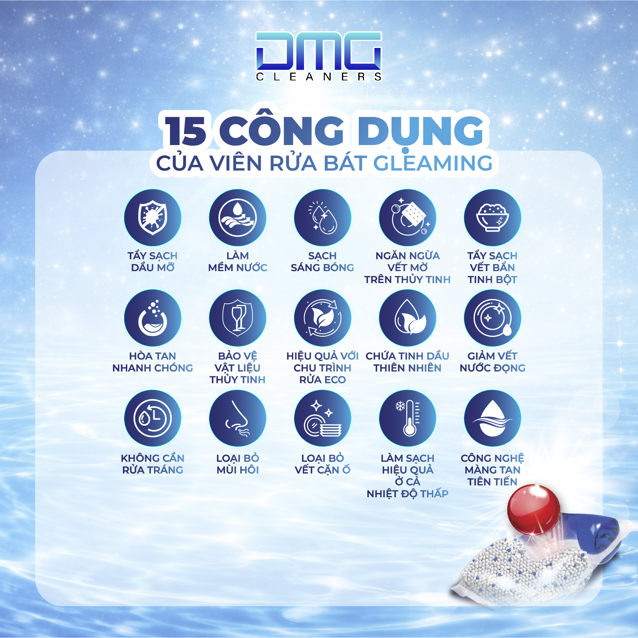 Túi 30 Viên Nước Rửa Chén Bát Gleaming Tặng 2 Túi Nước Rửa Chén 200ml