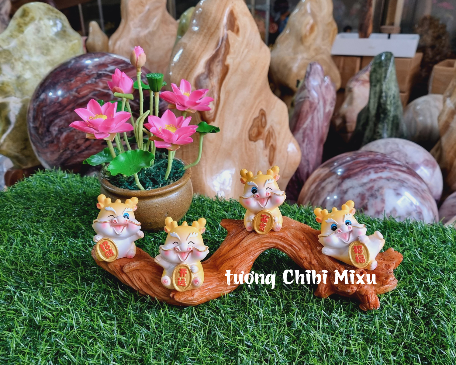 Bộ 04 tượng Rồng vàng kèm chân đế gốc cây y hình Thủ công Tượng điêu khắc