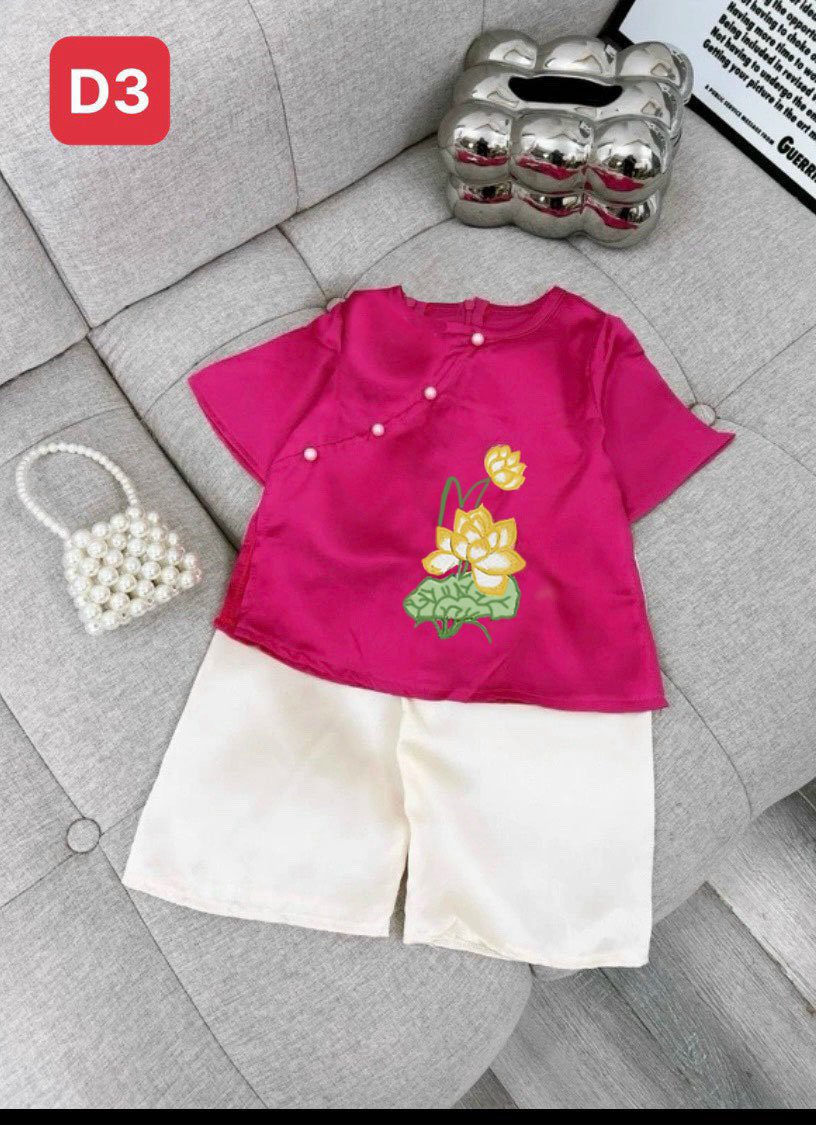 Bộ bà ba cho bé gái hoa sen đi chơi biểu diễn đẹp từ 12-40kg chất lụa mềm mát (không kèm cài)