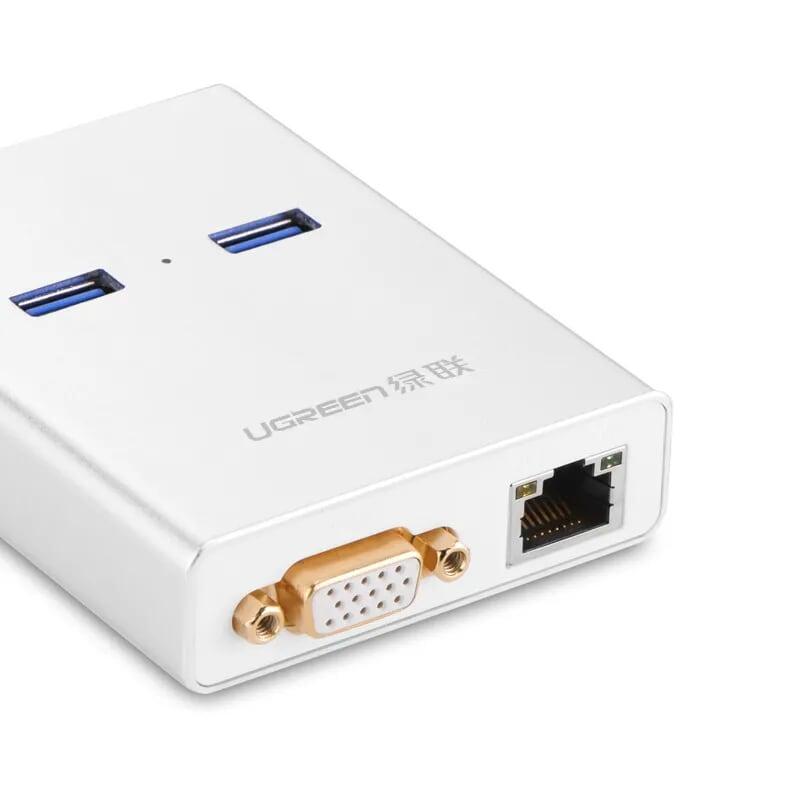 Ugreen UG4024240242TK 80CM màu trắng Bộ chuyển USB 3.0 sang 2 USB 3.0 + VGA + LAN hỗ trợ nguồn - HÀNG CHÍNH HÃNG