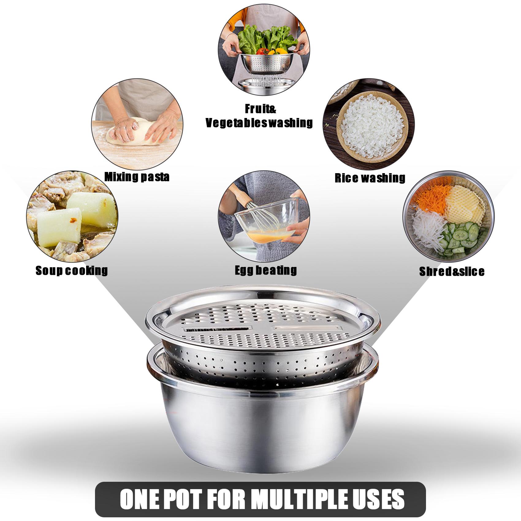 3 in 1 Kitchen Basin Grater Multipurpose Colander Slicer Cutter Shredder With Lid Stainless Steel Slicer