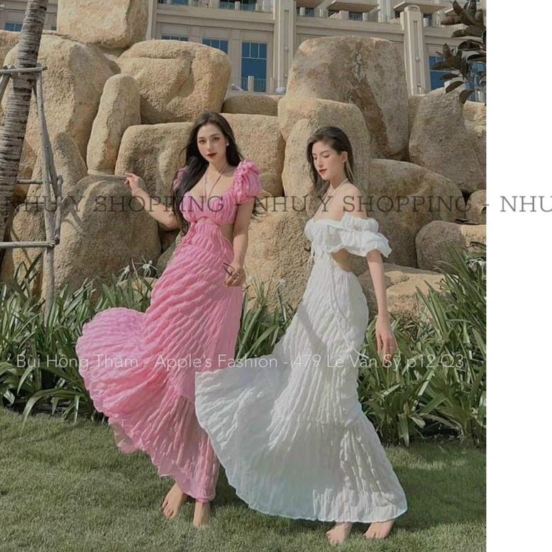 Đầm maxi đi biển chất thun xốp co giãn kiểu cắt xẻ sexy 4 màu hot trend mùa hè-TPxop